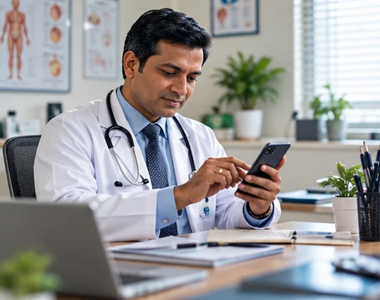 Illustrative clinician using a smartphone